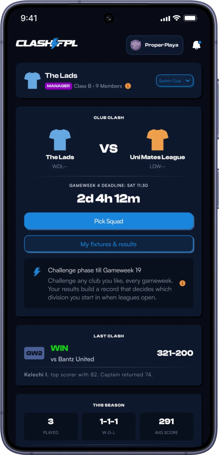 Clash FPL club screen