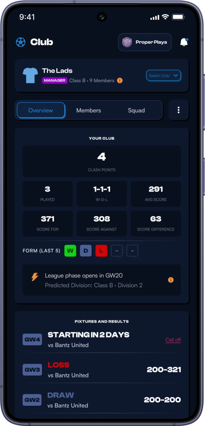 Clash FPL club overview screen